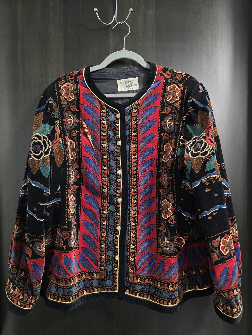 Rare Size Vintage Made In Japan Cotton Velvet Jacket - Black & Red, Plus Size